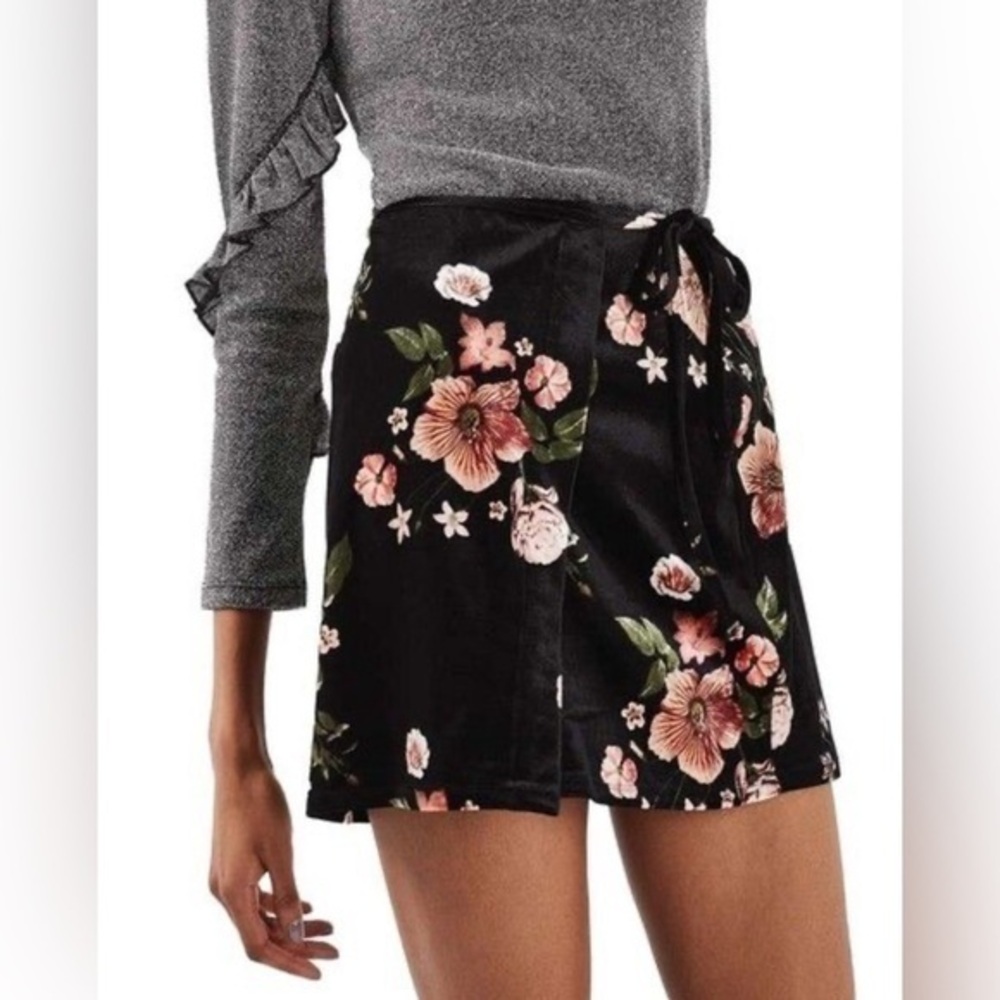 Topshop black velvet floral wrap mini skirt size 6